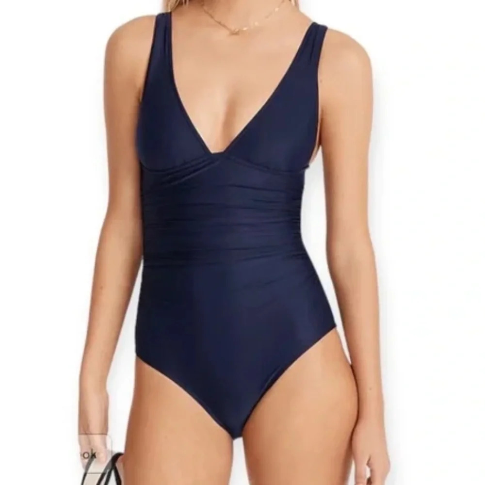 J. Crew Ruched‎ Navy Blue V-Neck Swimsuit. Size 16.